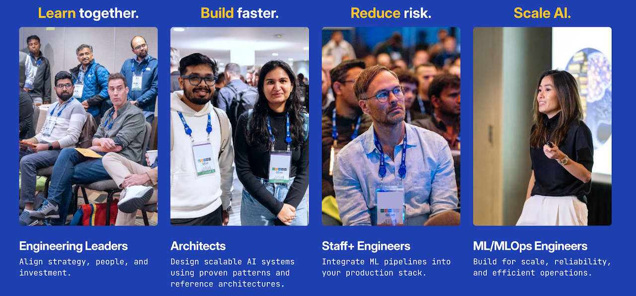 QCon attendee roles — Engineering Leaders, Architects, Staff+ Engineers, ML/MLOps Engineers